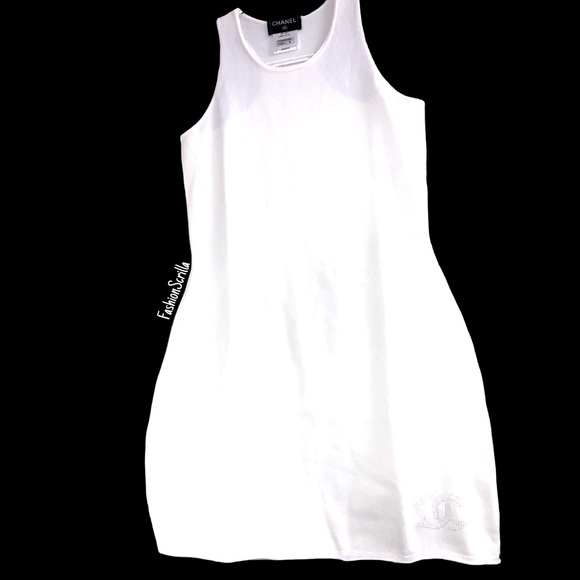 Chanel Vintage White CC Logo Sleeveless Knit Dress - Picture 9 of 11